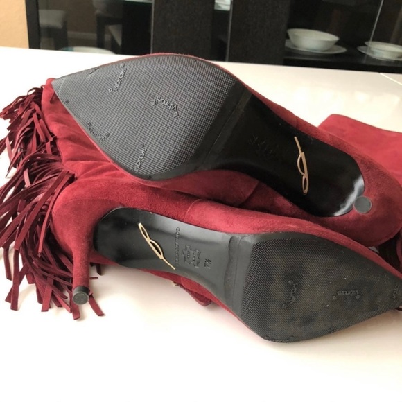 $750 Brian Atwood Suede Fringe Knee-High Heel Boots Wine Maroon 7.5 - Picture 7 of 9